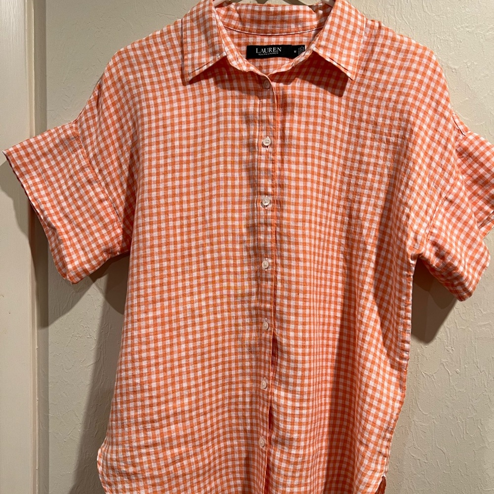 Lauren Ralph Lauren orange and white button down top.  Size medium.
